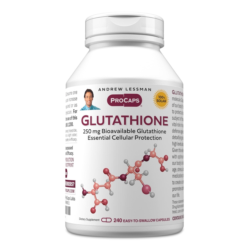 ANDREW LESSMAN Glutathion 250 mg - 240 Capsules - Krachtige antioxidant, vermindert oxidatieve stress. Biobeschikbaarheid, beschermt cellen, weefsels, organen. Ondersteunt Immune Health. Makkelijk te slikken capsules.