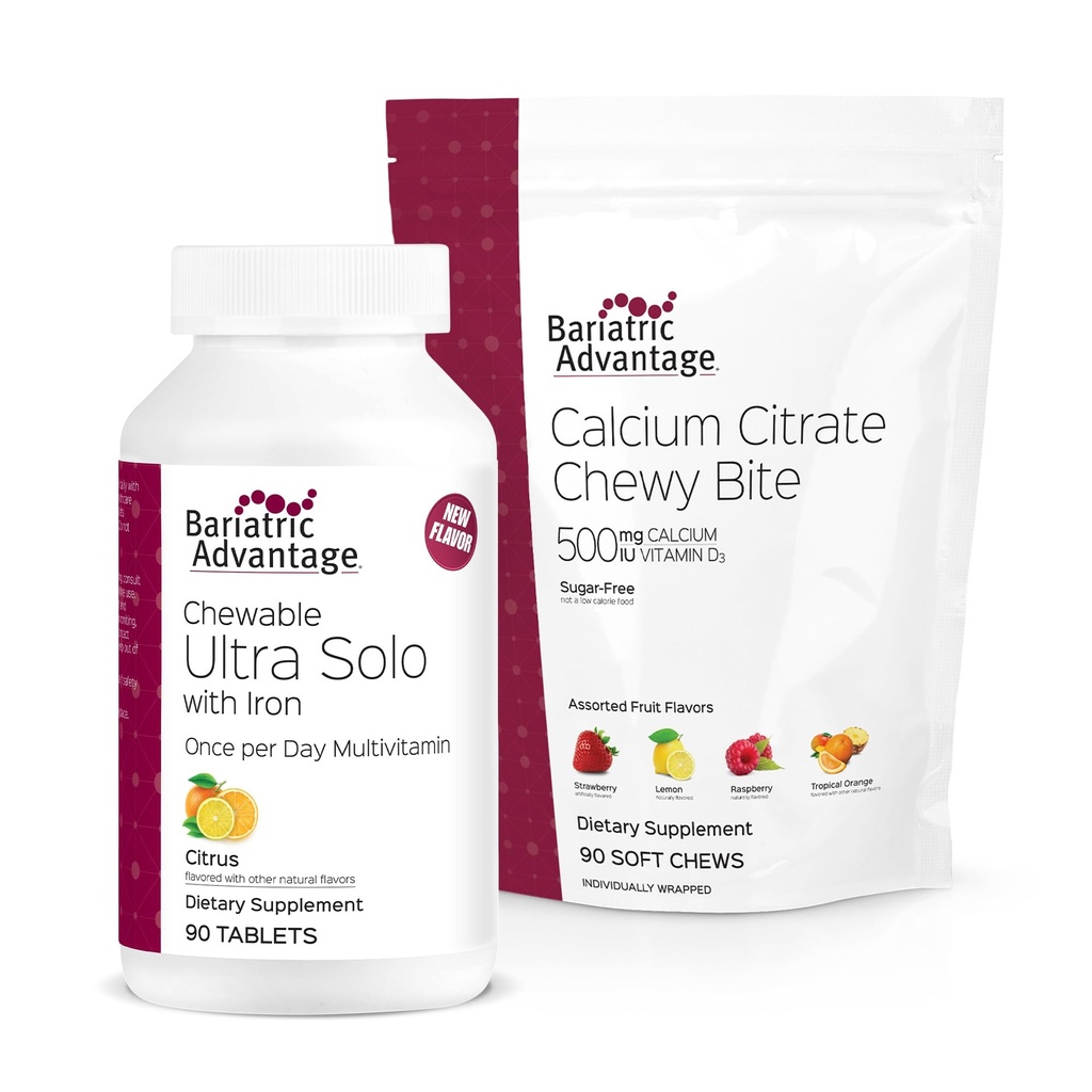 Bariatrische Voordeel Kauwbare Ultra Solo met ijzer - Citrus, 30 Tel en Calcium Citrate Chewy Bites 500 mg - Assorted Fruit Smaak,90 Tellen