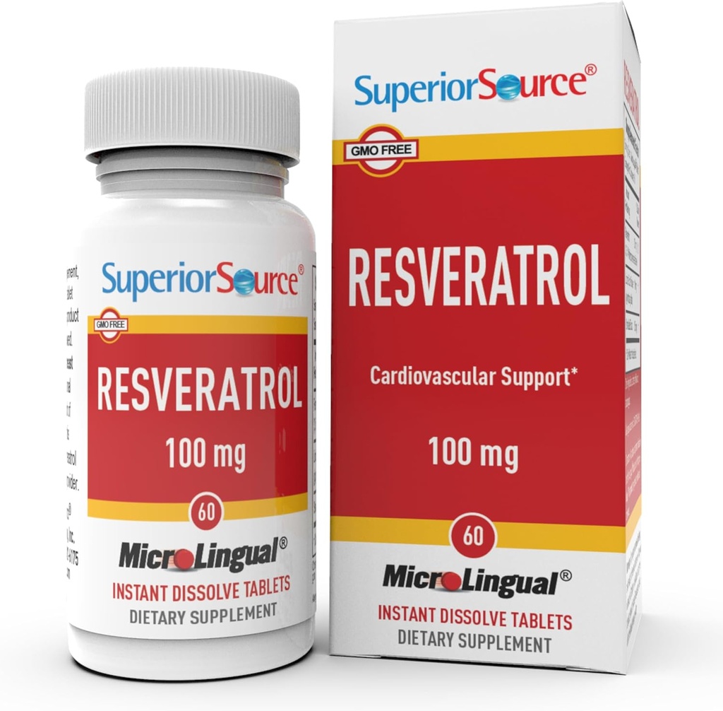 Superior Source Resveratrol 100 mg - Dieetsupplement voor gezonde veroudering - Ondersteunt hersenen en gezondheid van het hart - Niet-GMO en Glutenvrij - 60 MicroLingual Instant-dissolve tabletten