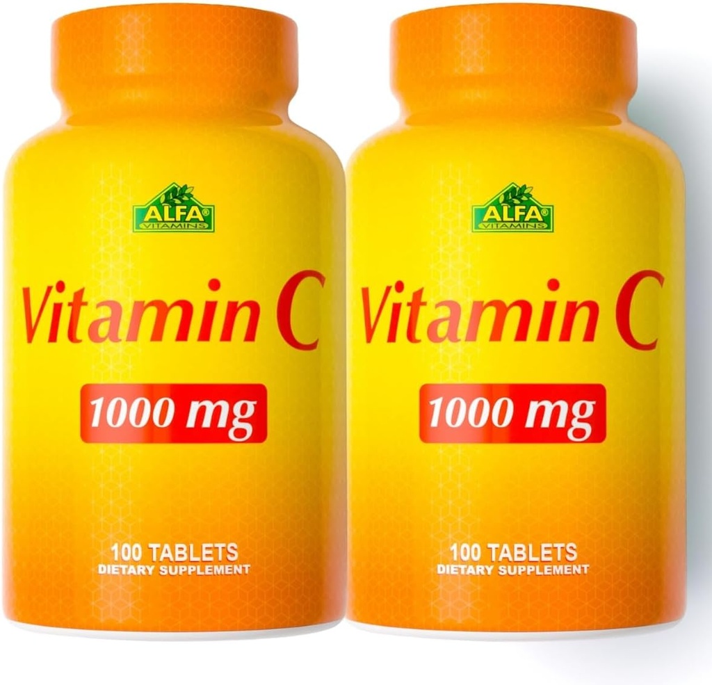 ALFA VITAMINS Vitamine C Supplement 1000mg, Krachtig Antioxidant voor Immuun Support & Healthy Skin, bevordert Collageen vorming, Dieetsupplement voor dagelijkse wellness, 100 tabletten, 2 flessenverpakking