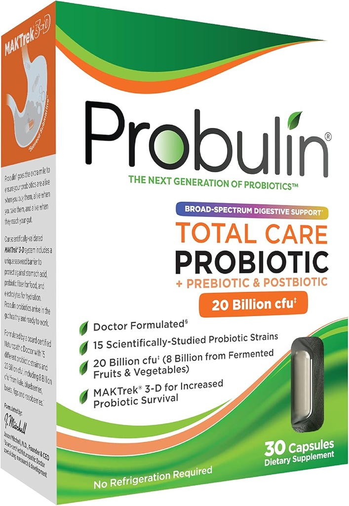 Probulin Total Care Probiotic Supplement, Daily Gut, Digestive, en Immune Health Probiotics Capsules for Men and Women, 20 Miljard CFU, Vegan, 30 Count Box