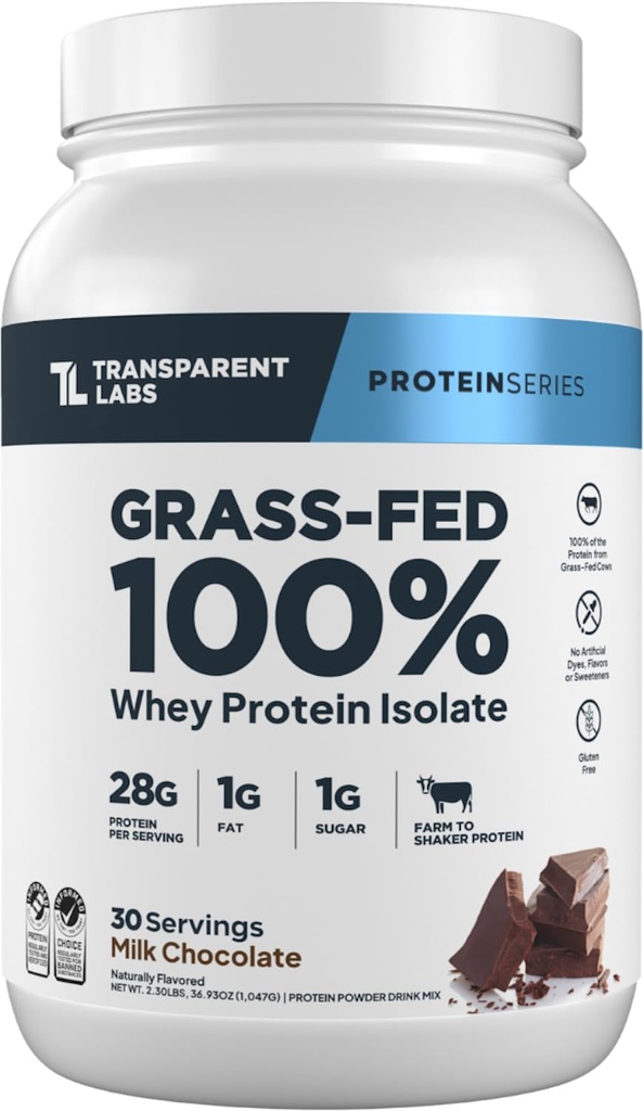 Transparant Labs Grass-Fed Wei Proteïne Isolaat - van nature op smaak gebracht, Glutenvrij Wei Proteïne Poeder met 28 g eiwit per portie & 9 Aminozuren - 30 porties, Melkchocolade