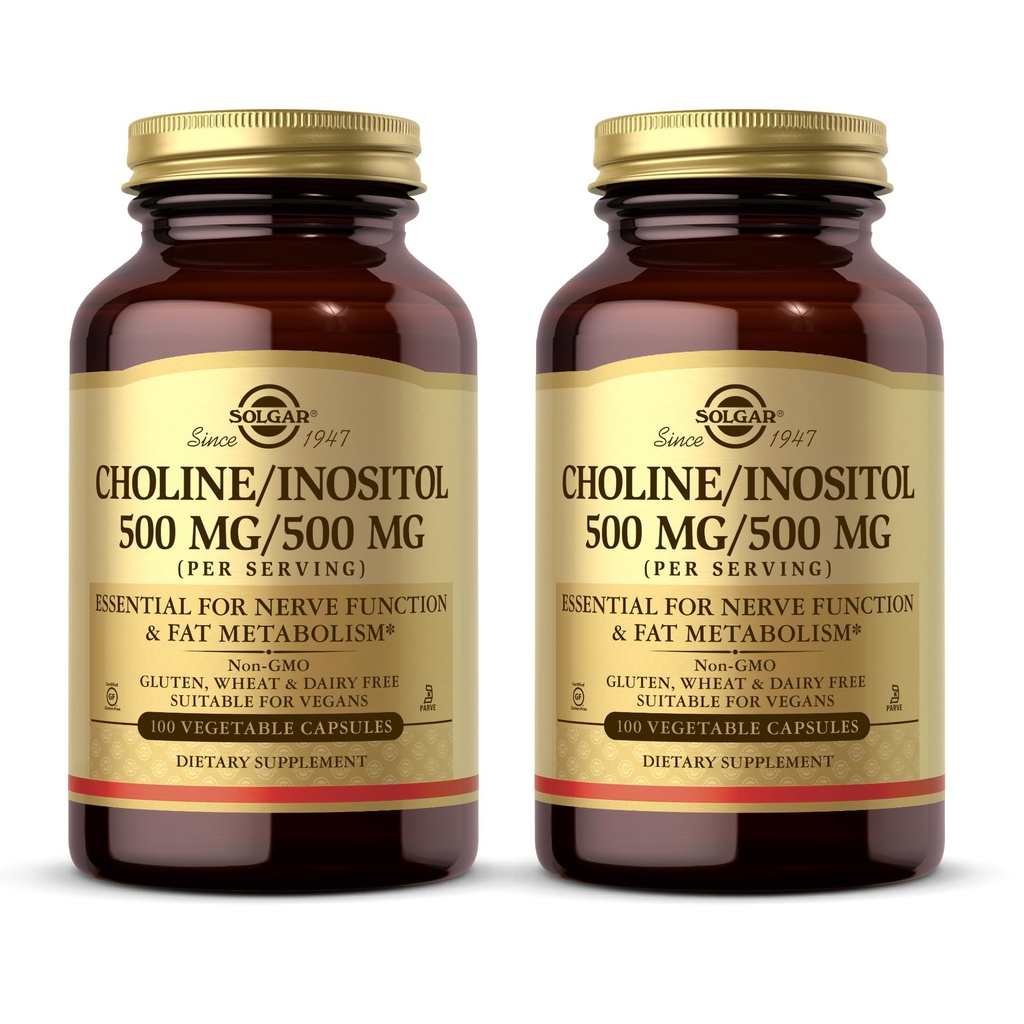 Solgar Choline/Inositol 500 mg/500 mg, 100 plantaardige capsules (verpakking van 2) - Energiemetabolisme, levergezondheid, essentieel voor hersenfunctie en zenuwfunctie - Niet-GMO, Veganistisch, Kosher - 100 totale porties