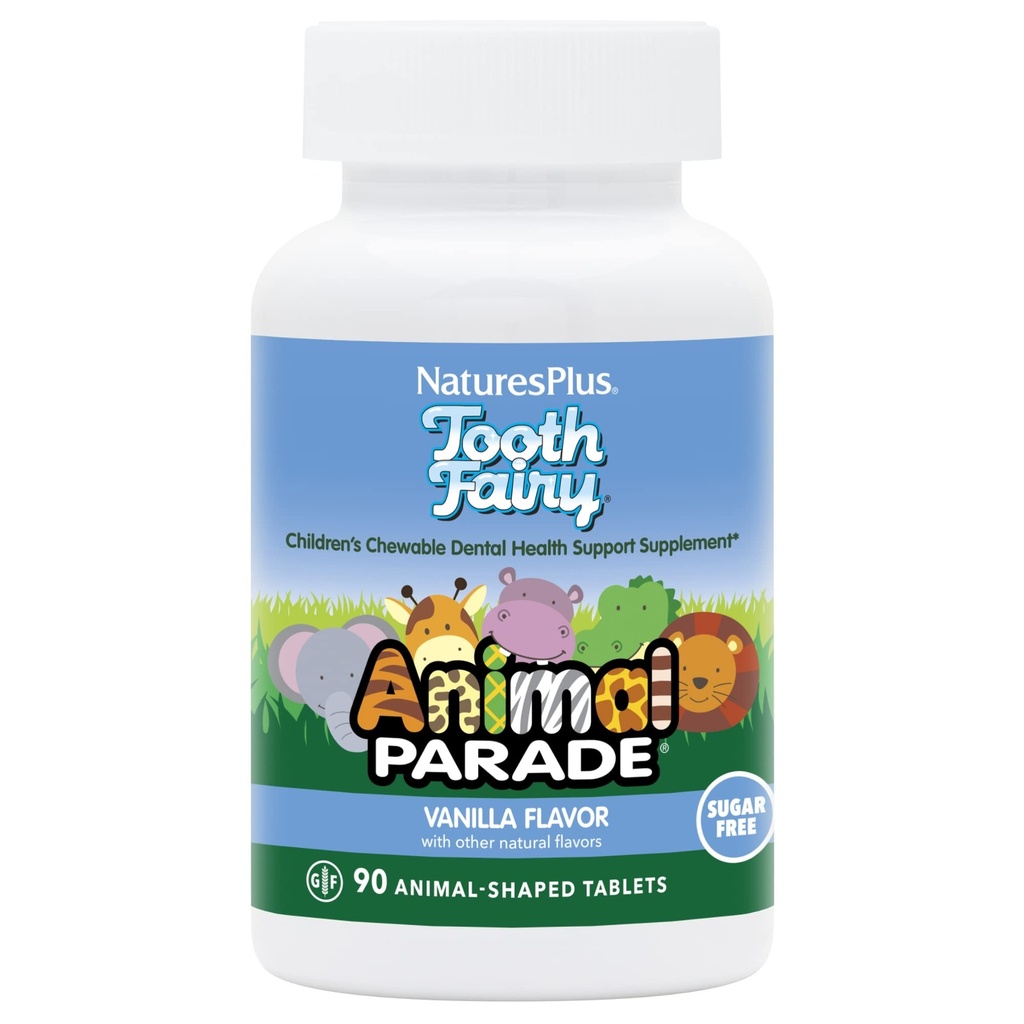 Natures Plus Dierenparade Tandenfee Kinderen Kauwtabletten - Natuurlijke Vanille Smaak - 90 Animal-Shaped Tablets - Tandheelkundige Gezondheid Supplement - Vegetarisch, Glutenvrij - 45 Serven