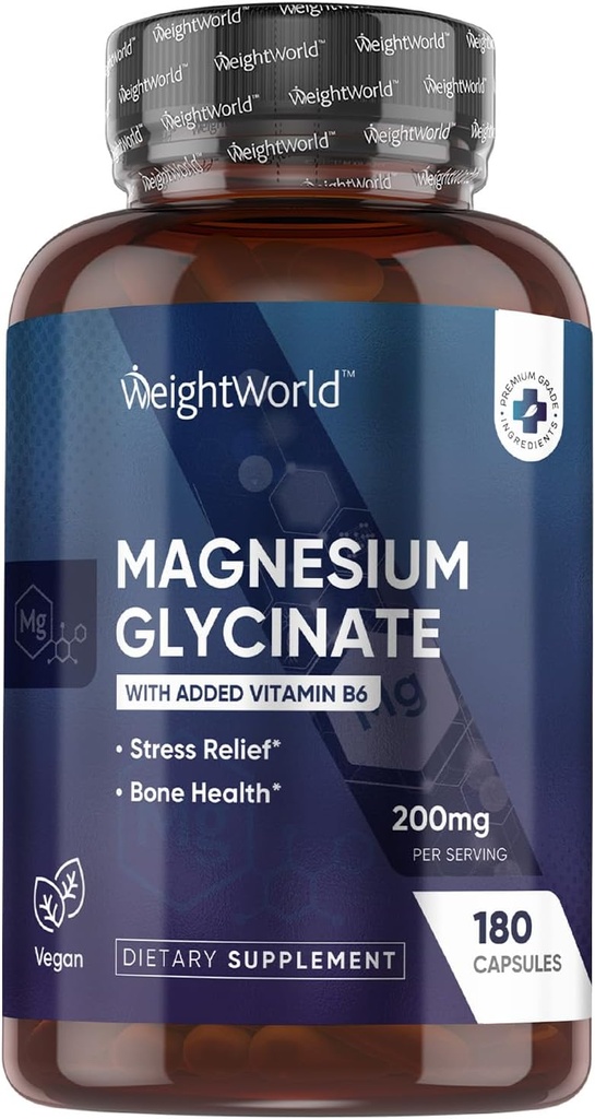 GewichtWorld Magnesium Glycinate Capsules 200mg - 180 Capsules (3 maanden) met vitamine B6 - Biobeschikbaarheid Magnesium Glycinate Supplementen - Third-Party Tested, Vegan, Non-GMO, & Allergenen-Free
