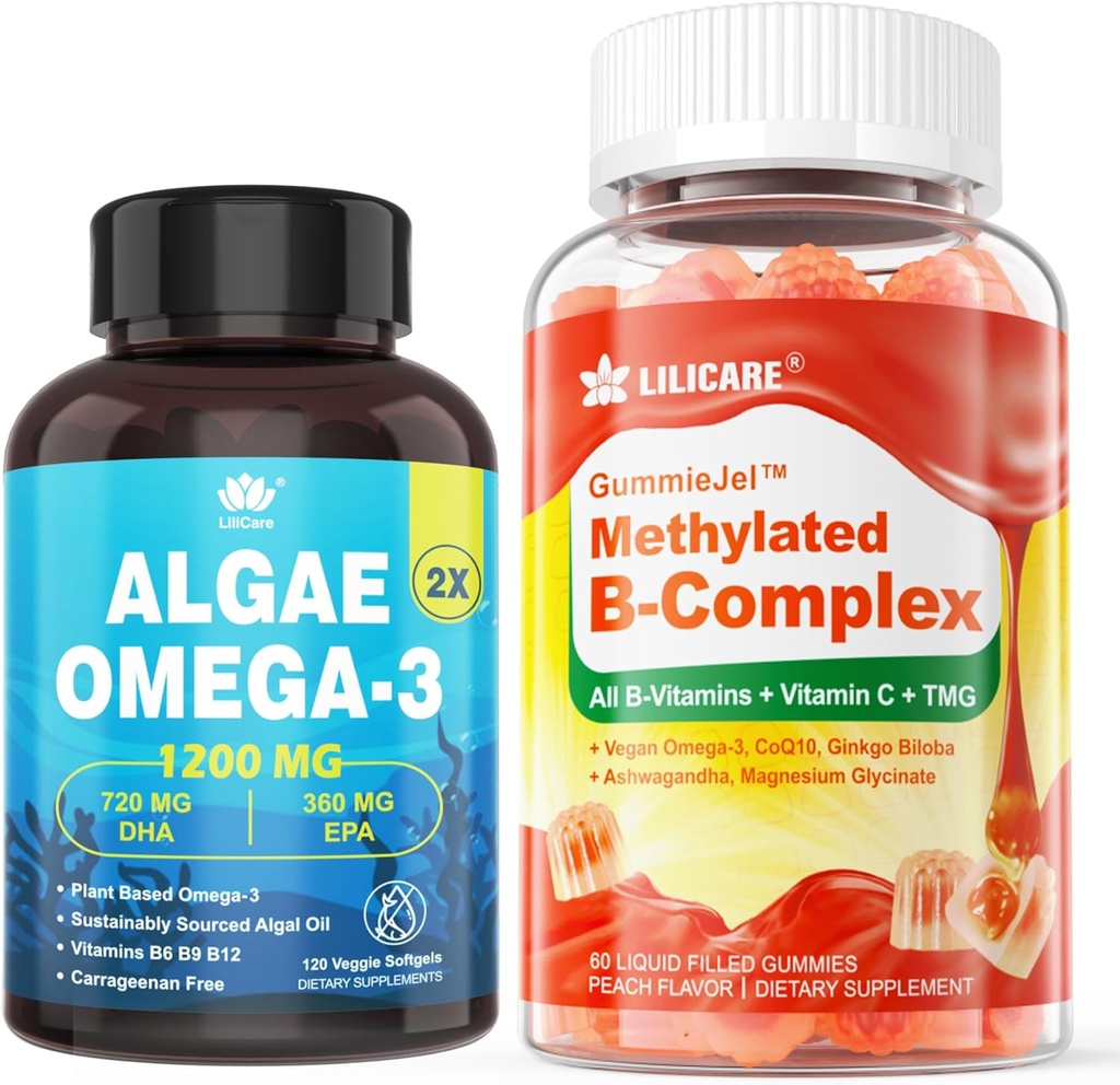 Vitamine B Complex Gevulde Gummies & Plant Based Algen Omega 3 1200mg Supplement