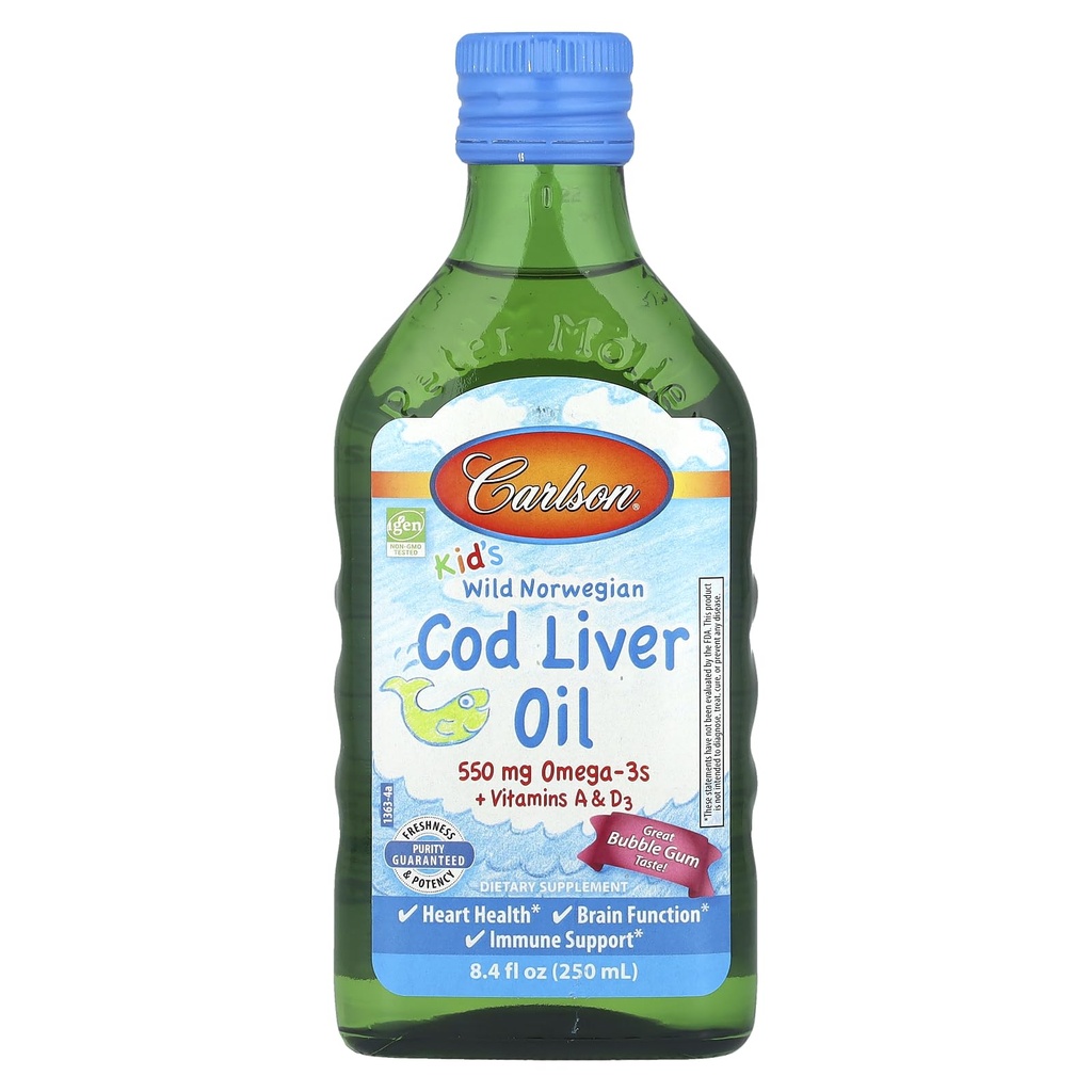 Carlson Kid's Wild Norwegian, Cod Liver Oil + Vitaminen A & D3, Bubble Gum, 8,4 fl oz (250 ml)