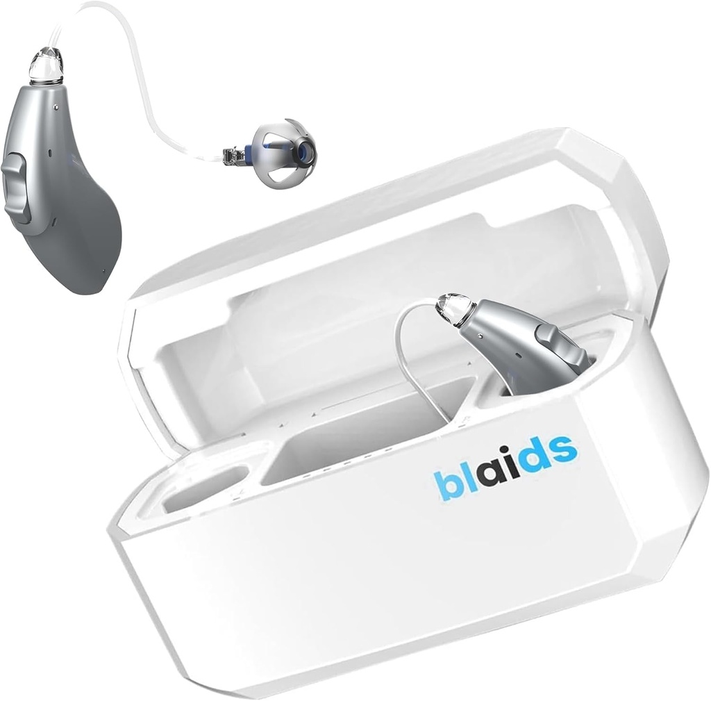BlaidsX Neuro Rechargeable RIC + Programmable Hearing Aids for Adults with Mobile App Hearing Test & Noise Annulering, Hearing Aids for Seniors, Dual Mic & 96 DSP Channels. USA-Made Processor