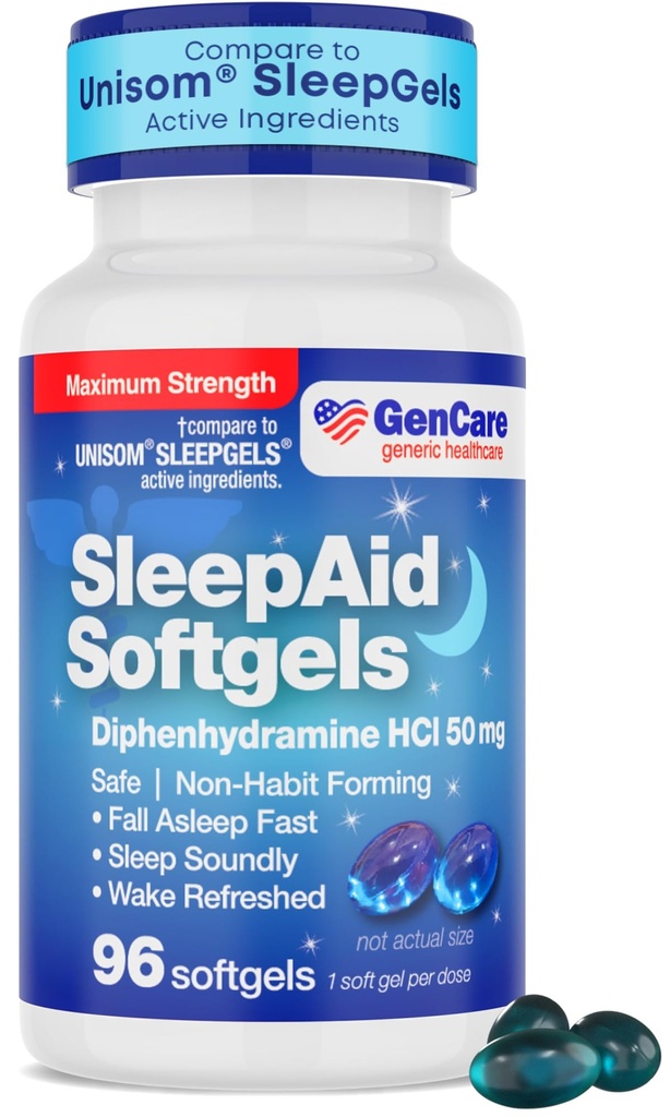 GenCare maximale sterkte nachtelijke slaaphulpsupplement voor volwassenen diepe slaappillen met difenhydramine HCl 50mg om te vallen slapen Sneller- Sterke niet-habit vormen PM slaapreliëf [96 Softgels]