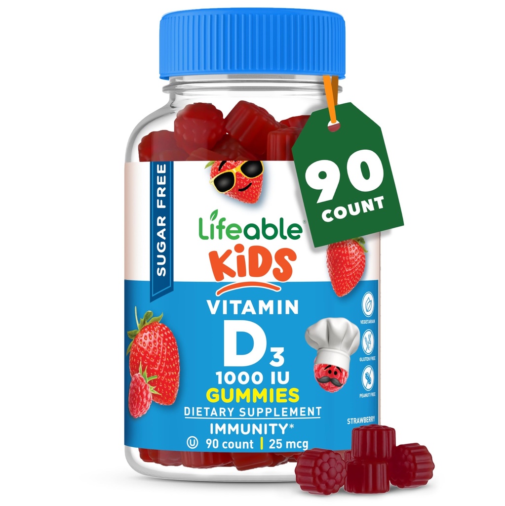 Vitamine D sans sucre pour les enfants 1000 UI – Grand supplément naturel goûteux Gummy – Végétarien sans gluten à croquer – pour des os forts et sains, pour les enfants, les adolescents, les enfants, les enfants, 90 Gummes
