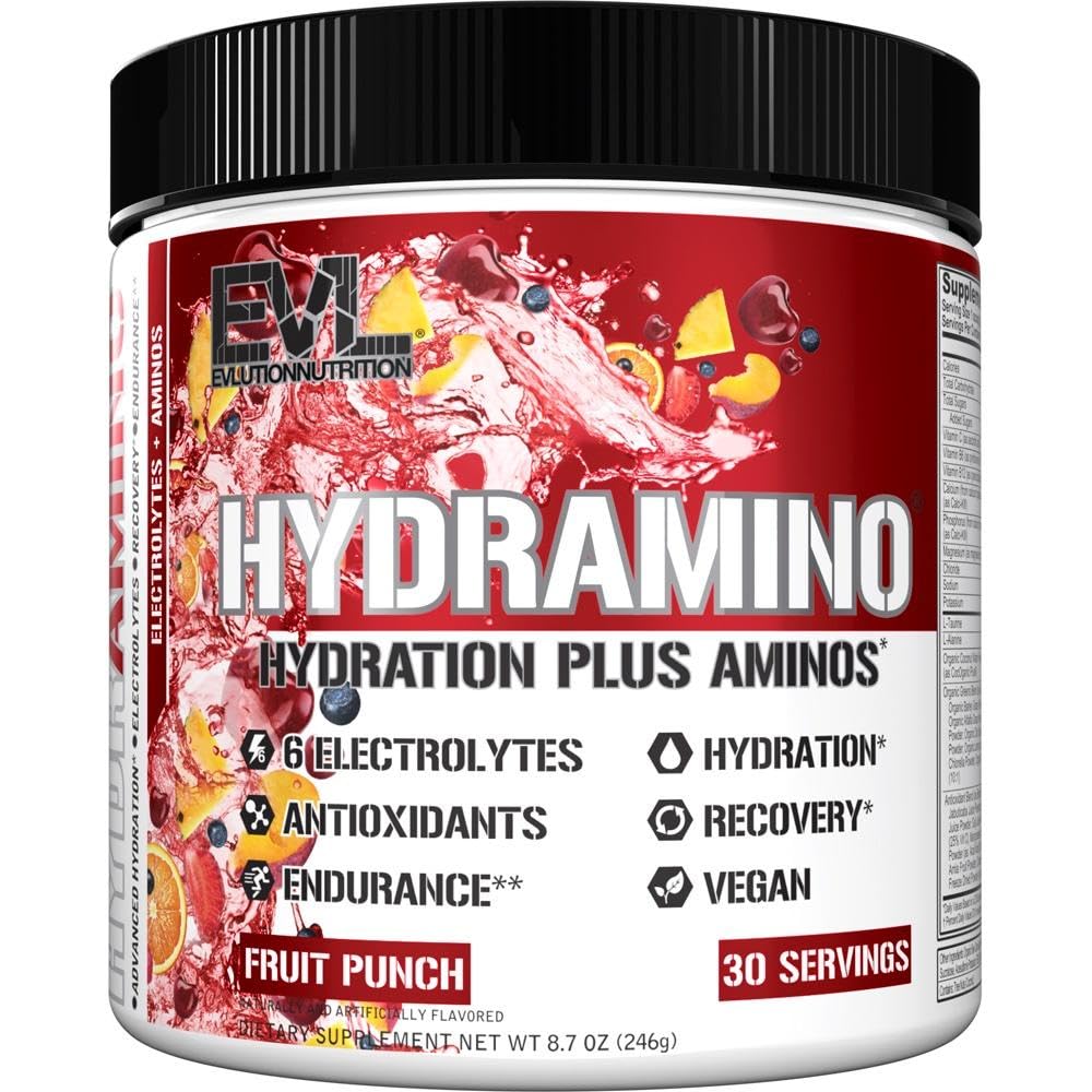 Evlutie Voeding HYDRAMINO Complete Hydration Multiplier, Alle 6 Elektrolyten, Vitamine C & B, Fluid Boosting Aminos, Kokoswater, Endurance, Herstel, Antioxidanten, 30 Serve, Fruit Punch