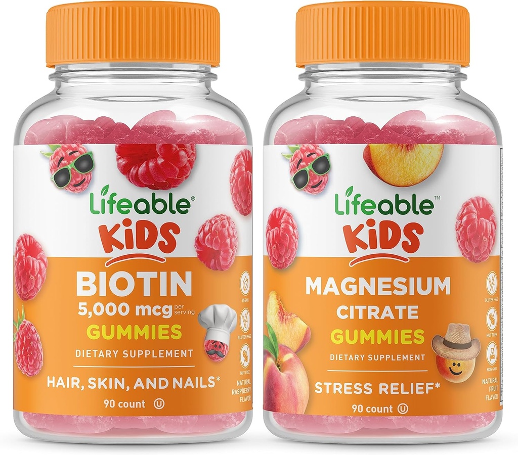 Lifeable Biotin Kids + Magnesium Citroen Kids, Gummies Bundle - Grote Proeverij, Vitamine Supplement, Glutenvrij, GGO-vrij, Kauwgom