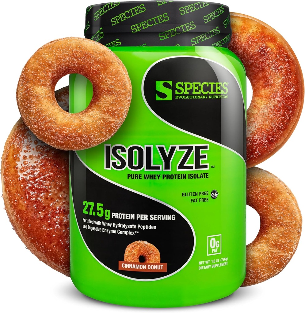 Espèce Nutrition Isolyze Poudre de protéines de lactosérum, 100 % d'isolat de lactosérum pour la musculation, 27,5 g de protéines par scoop, pas de sucre et faible en gras (Cannamon Donut, 22 portions)