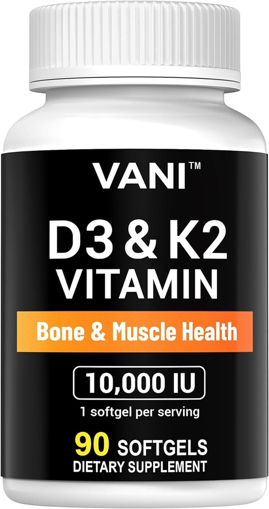 VANI-vitaminen D3 (10000iu/250mcg) + K2 (als Mk7), voor bot & spier & tanden gezondheid, 90 SOFTGELS