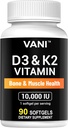 VANI Vitamines D3 (10000iu/250mcg) + K2 (en Mk7) pour la santé des os et des muscles et des dents, 90 SOFTGELS