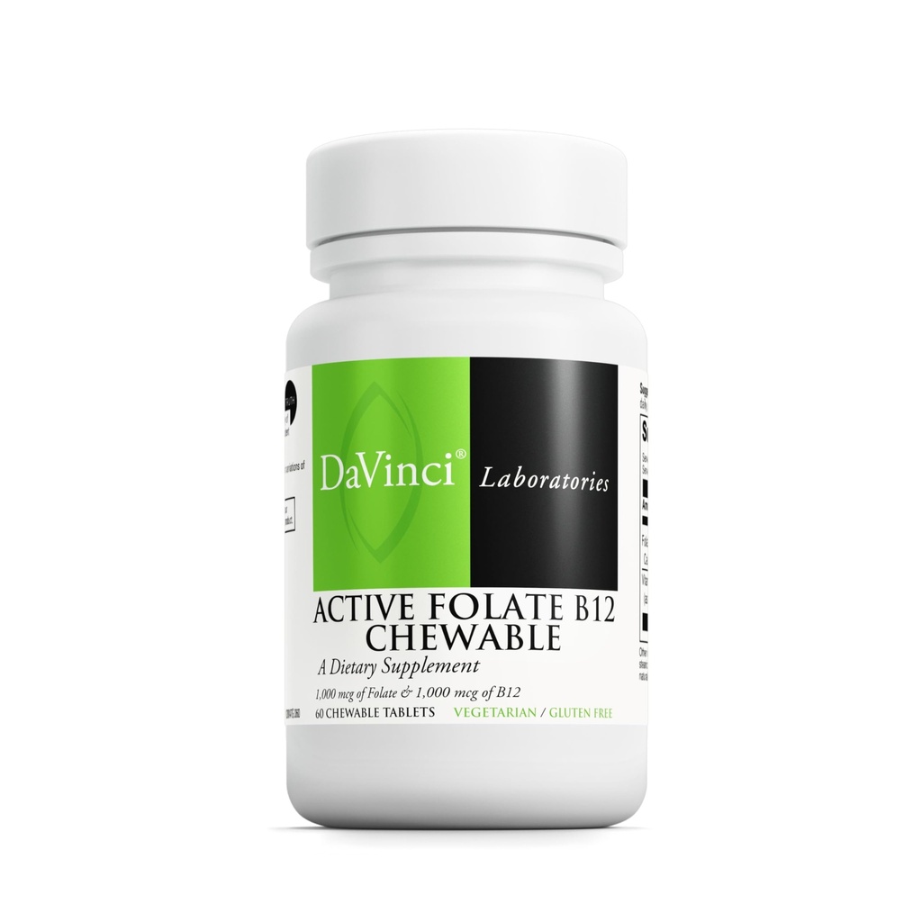 DAVINCI Labs Actieve Folaat B12 Kauwbaar - Dieetsupplement ter ondersteuning van de gezondheid van het hart, gezonde zenuwen, immuunfunctie en energieproductie* - met folaat en vitamine B12-60 Kauwtabletten