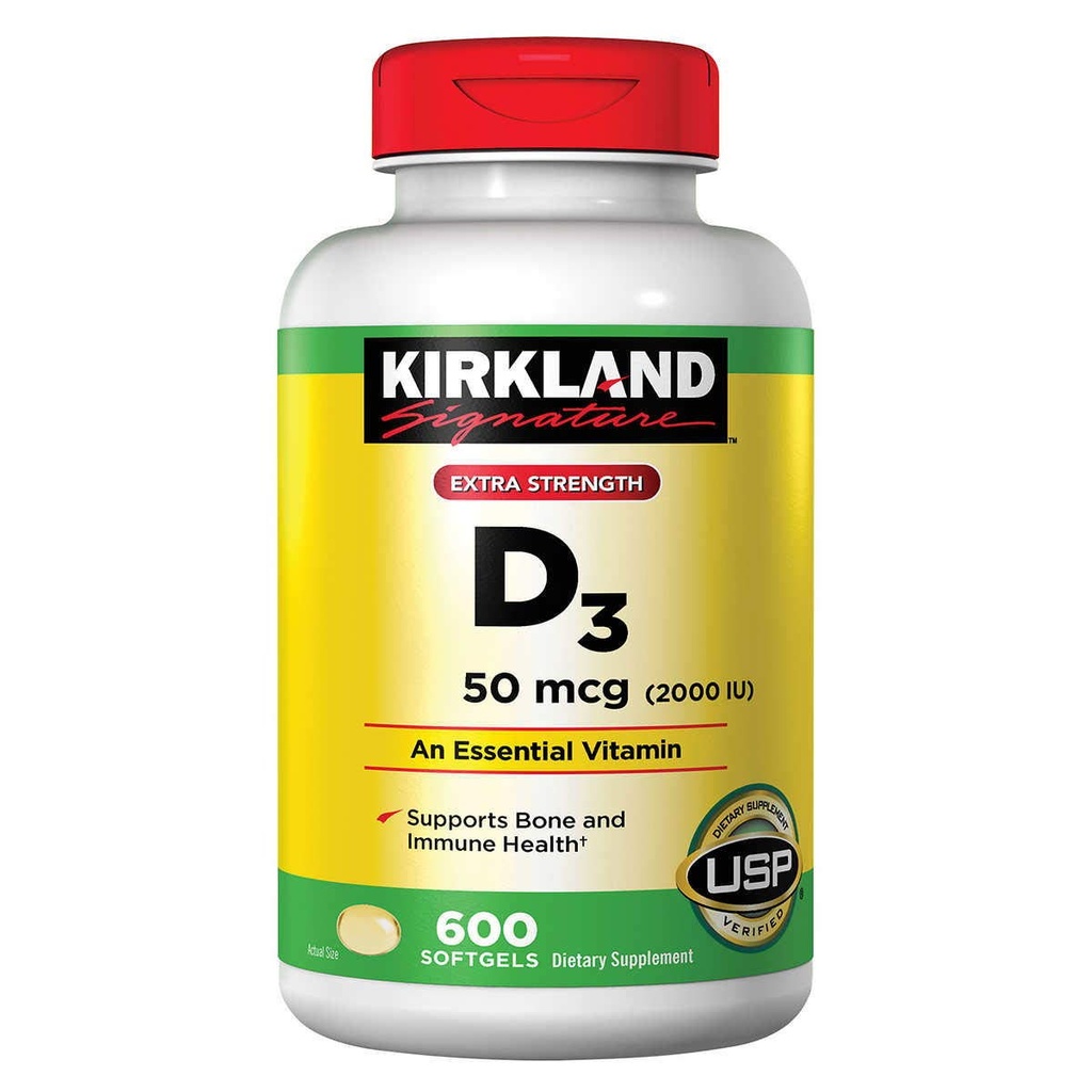 Kirkland Handtekening Extra sterkte D3 50 mcg., 600 Softgels (2 Pack)