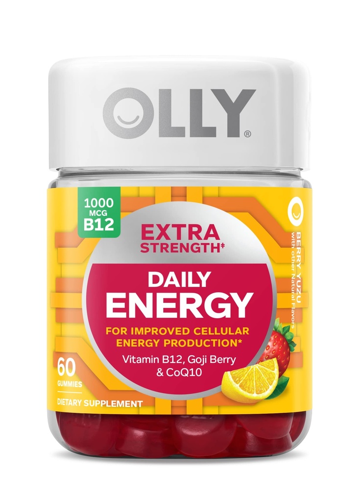 OLLY Extra sterkte Dagelijkse energie Gummy, Cafeïnevrij, 1000mcg Vitamine B12, CoQ10, Goji Berry, Adult Chewable Supplement, Berry Yuzu smaak - 60 Tel.