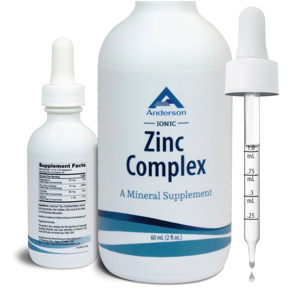 Anderson Ionic Zink Complex, Liquid Drops for Immune Support, 15mg Zinksulfaat per Serving, Balanced Trace Mineral Dietary Supplement for Women, Men, 60 Servings, 2oz Bottle