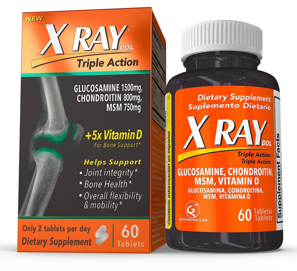 X Ray Dol Triple Action Joint Support Supplement with Glucosamine 1500mg, Chondroitin 800mg, MSM 750mg en 5X Vitamine D voor gezonde gewrichten, botten en cartilage - 60 Tel per fles - 1 Pack