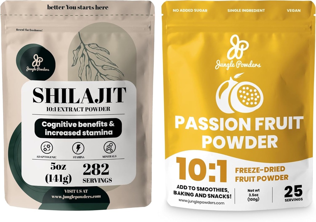 Poudres de Jungle Premium Duo: 5 oz de Shilajit brut et 3,5 oz de poudre de fruits de la passion - Soutien énergétique des hommes, Immune Boost, avec congélateur poudre de fruits de la passion séchée pour la cuisson, smoothies, extrait sans additifs