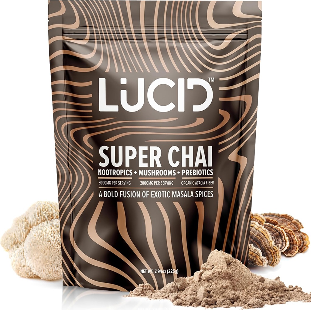 Lucid Superfood Biologische Mushroom Chai met Nootropics - Lion's Mane, Tremella, Cordyceps & Turkey Tail - Instant Mushroom Chai Focus Brain Health - Alpha GPC, L-Theanine, Ginko Biloba - USA Made