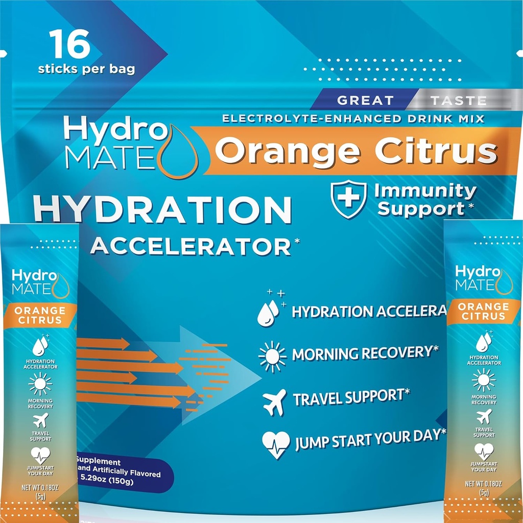 HydroMATE Elektrolyten Poeder met Low Sugar - 16 Instant Hydration Packets met Vitamine C Oranje om energie te verhogen - Lage Sugar Electrolytes Powder Packets ter ondersteuning van Hydratatie voor snelle Partij Herstel