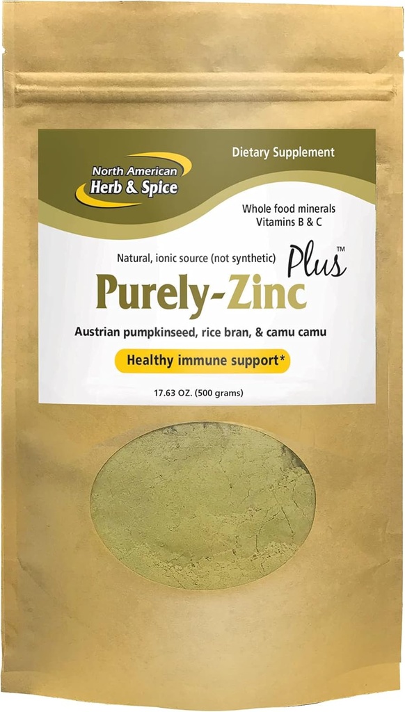 North American Herb & Spice Purely-Zinc Plus - 17,63 oz - Supplément de zinc pour aliments entiers - Soutien immunitaire sain - Graine de citrouille autrichienne, riz Bran & Camu Camu - Non-OGM - 18 portions