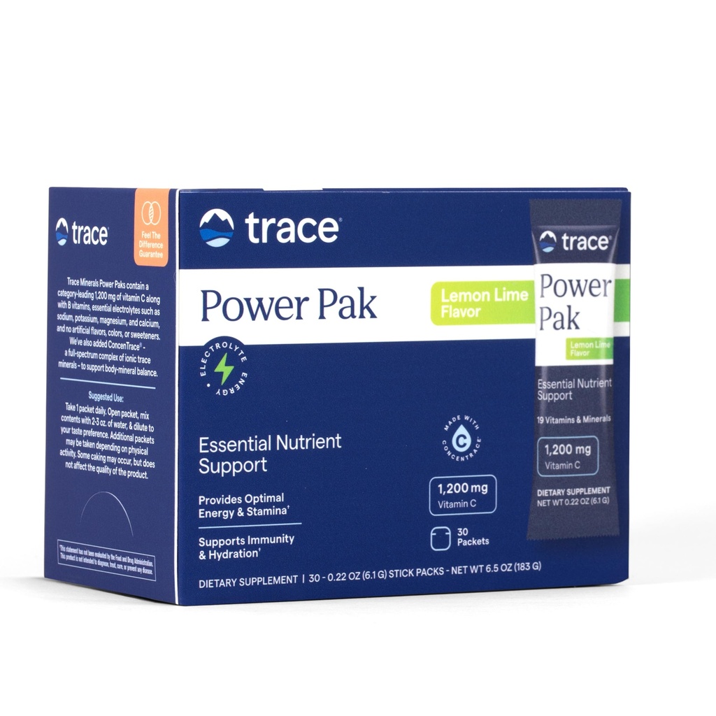 Trace Minerals Power Pak Multivitamine en Multimineral Packets - Electrolyte Support - 1200 mg Vitamine C plus 70+ Trace Minerals - Lemon Lime Flavor - 30 Packets