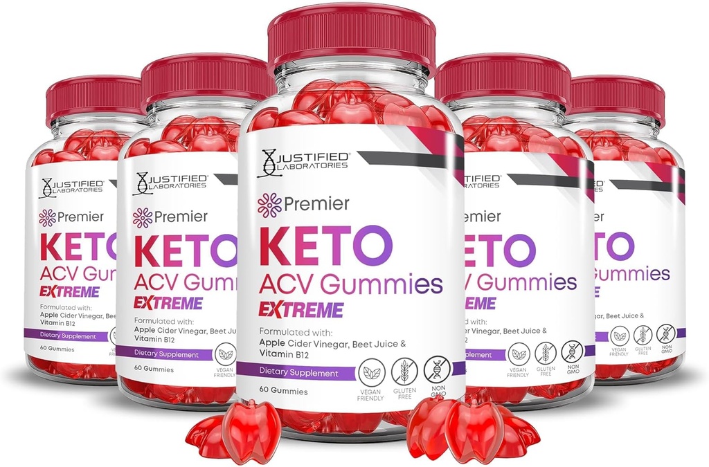 Justified Laboratories (5 Pack Premier Keto ACV Gummies Advanced Extreme 2000MG Premier Keto Gummies Apple Cider Vinegar Geformuleerd met Granaatappel Beet Juice Powder B12 Vegan Non GMO 300 Gummys