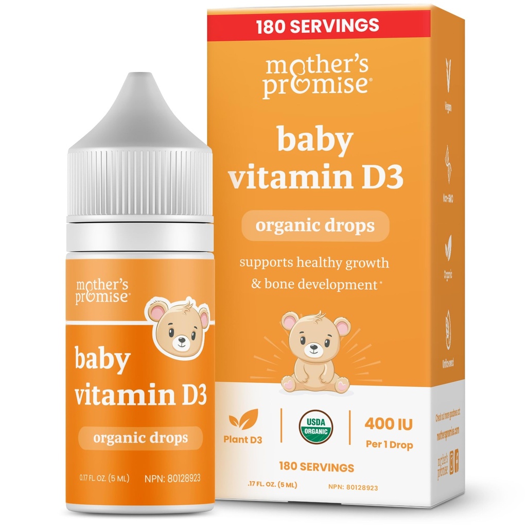 Moeder's Belofte Biologische Baby Vitamine D D druppels 100% Plant Gezonde Groei & botontwikkeling Leeftijd Nieuwgeboren + 180 Serveert baby Vitamine D3 Vloeistof voor baby's & peutertjes 400 IE voor baby's