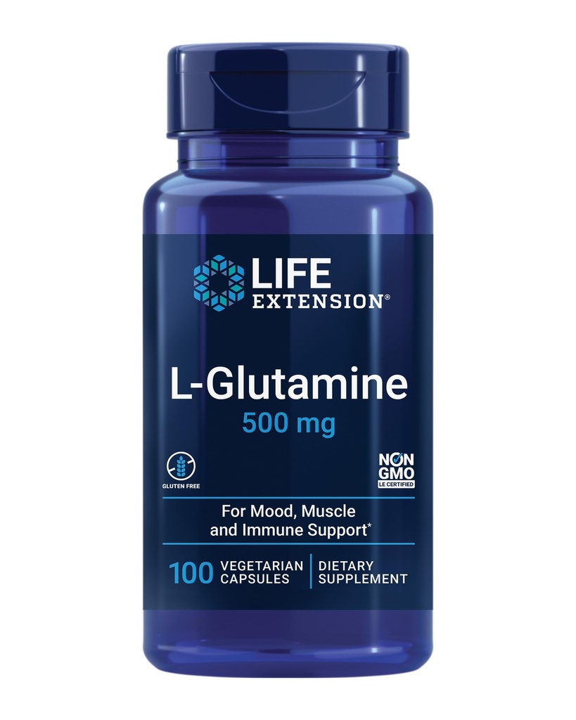 Extension de la durée de vie L-glutamine, 500 mg L-glutamine, Amino Acid, soutient la santé musculaire et immunitaire, sans gluten, sans OGM, 100 capsules végétariennes