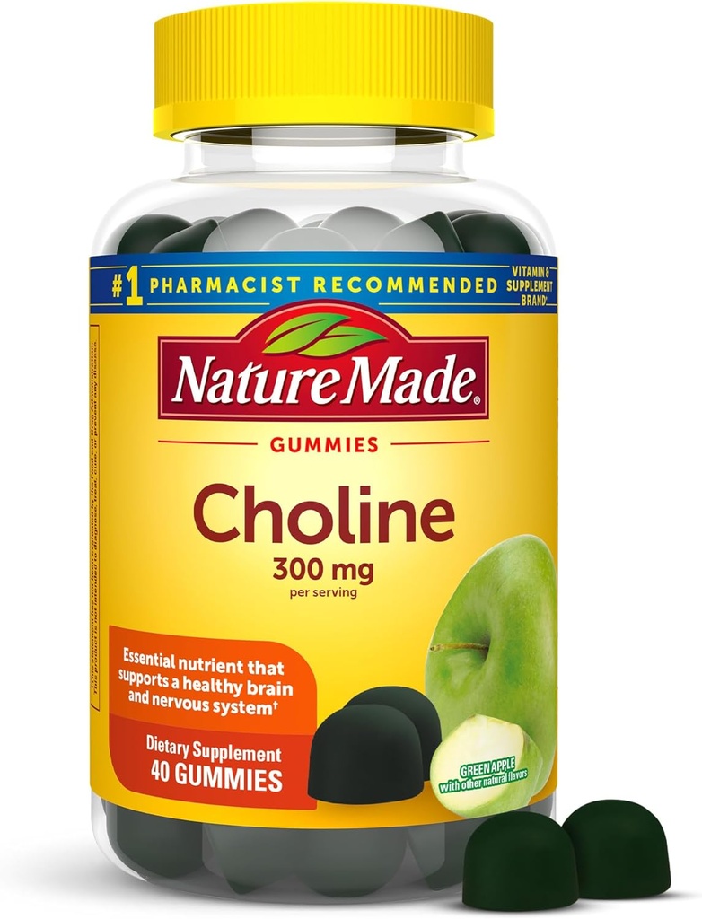 Nature Made Choline Supplementen, Ondersteunt de gezondheid van de lever, zenuwstelsel functie en hersenen gezondheid, 40 Vegan Gummies, 20 dagen levering