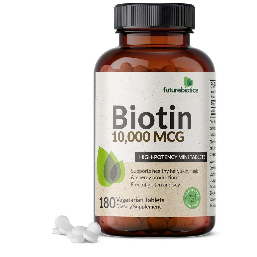Futurebiotics Biotine 10 000 MCG Comprimés haute puissance soutient la production de cheveux, de peau et de ongles et d'énergie sains, non OGM, 180 comprimés végétariens
