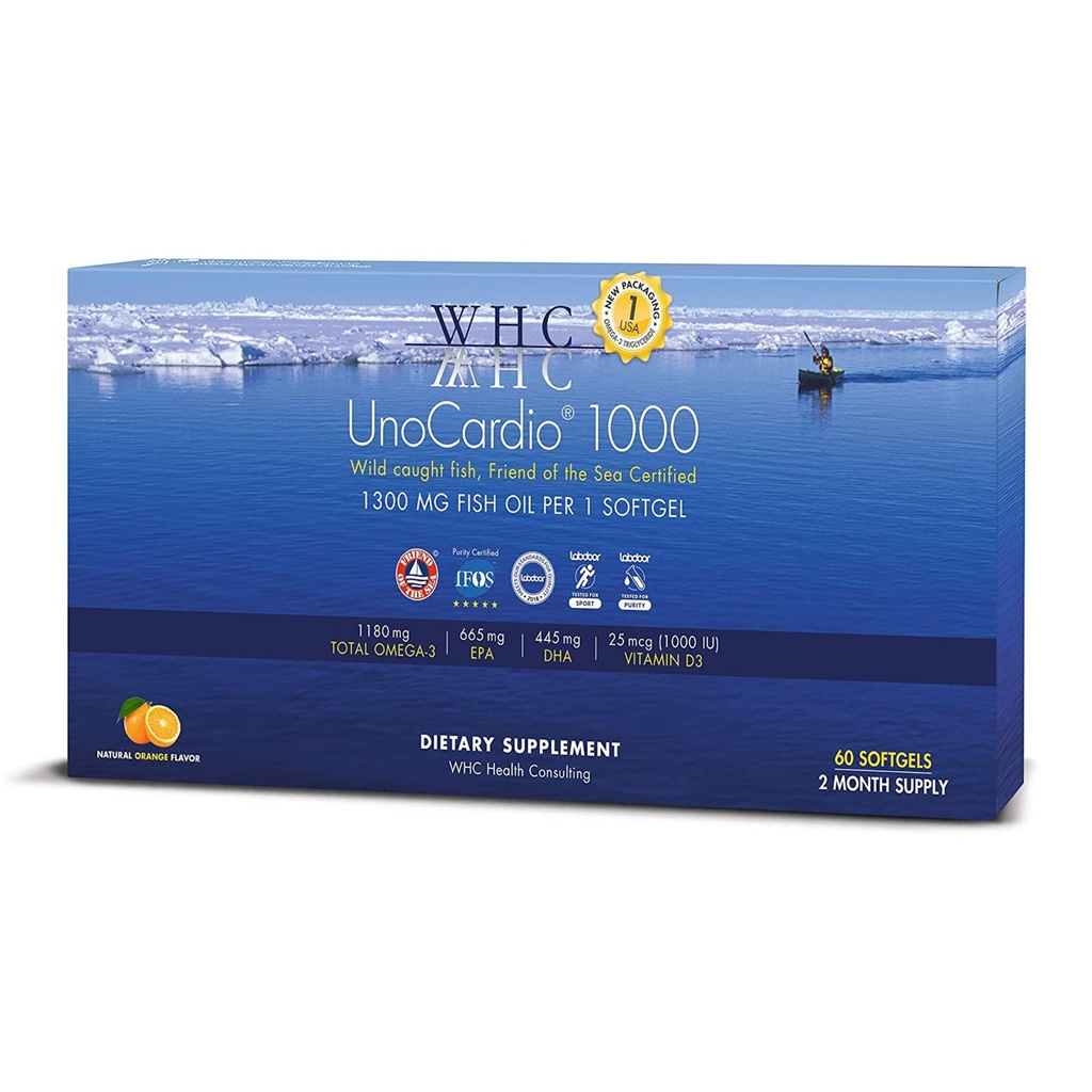WHC, UnoCardio 1000 Fish Oil, 1300 mg Pure triglyceride Fish Oil met Omega-3 (1180 mg), 665 mg EPA en 445 mg DHA en 25 mcg (1000 IE) Vitamine D3 per softgel, Natural Orange, 60 softgels