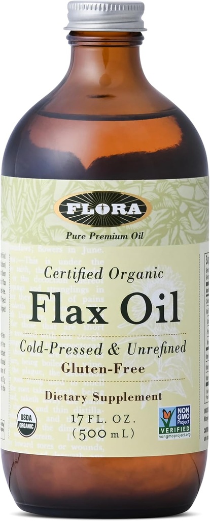 Flore - Huile de lin - Huile de lin biologique, pressée à froid et non raffinée - Contient Omega-3 et Omega-6 - Non-OGM et sans gluten - Gardez refroidi - 17 fl. oz. Bouteille en verre ambre