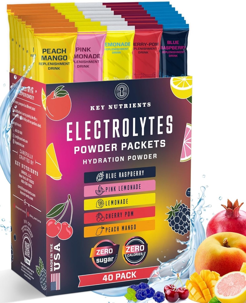 KEY NUTRIËNTEN 40 Pack Multivitamine Hydration Packets - 5 Delicious Smaken - Electrolytes Powder Packets No Sugar - No Calories, Gluten Free, Keto - 40 Servers - Made in USA