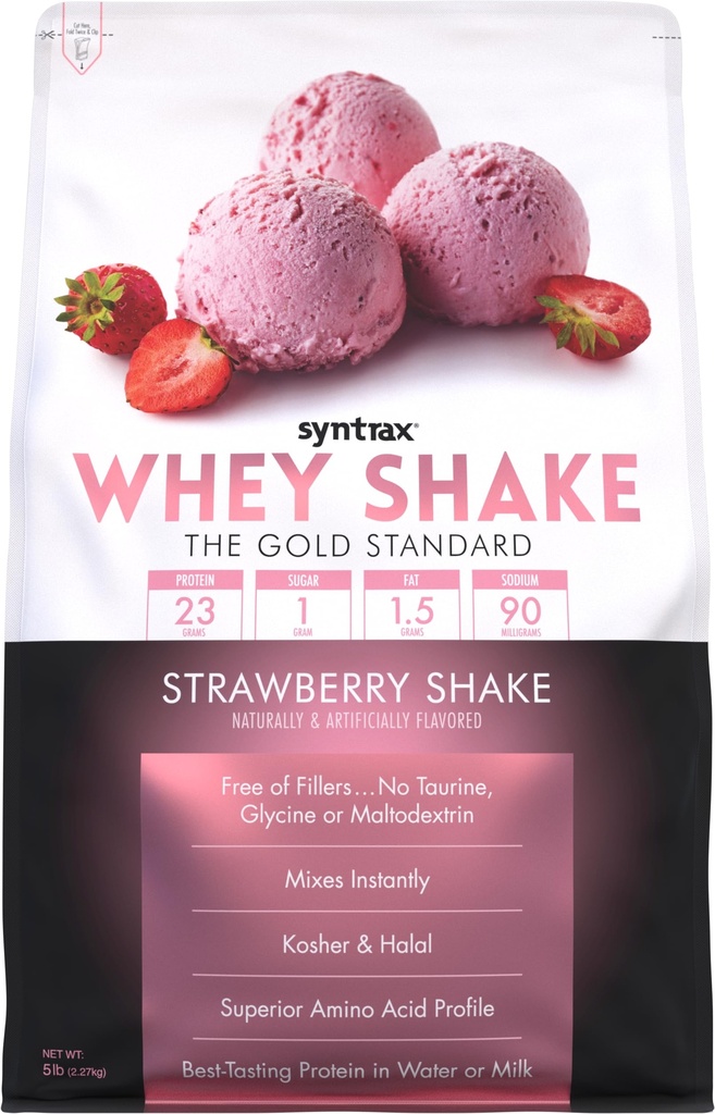 Syntrax Nutrition Shake Whey, mélange de poudre de protéines de lactosérum filtré à froid et non dénaturé, Shake aux fraises, 5 lbs