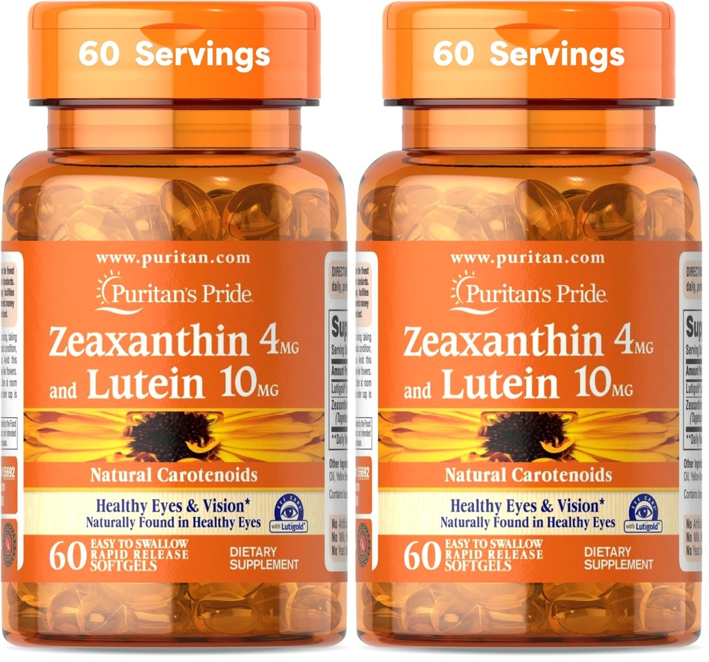 Puritan's Pride Zeaxanthin 4mg avec lutéine 10mg, soutient les yeux sains et la vision*, 60 ct (paquet de 2)