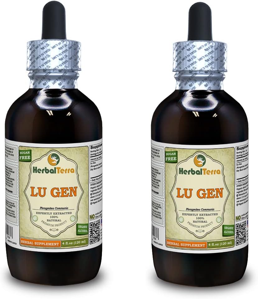 Lu Gen, Reed (Phragmites Communis) Teinture, Extrait liquide de racine séchée (Marque: HerbalTerra, Fièrement fabriqué aux États-Unis) 2x4 fl.oz (2x120 ml)