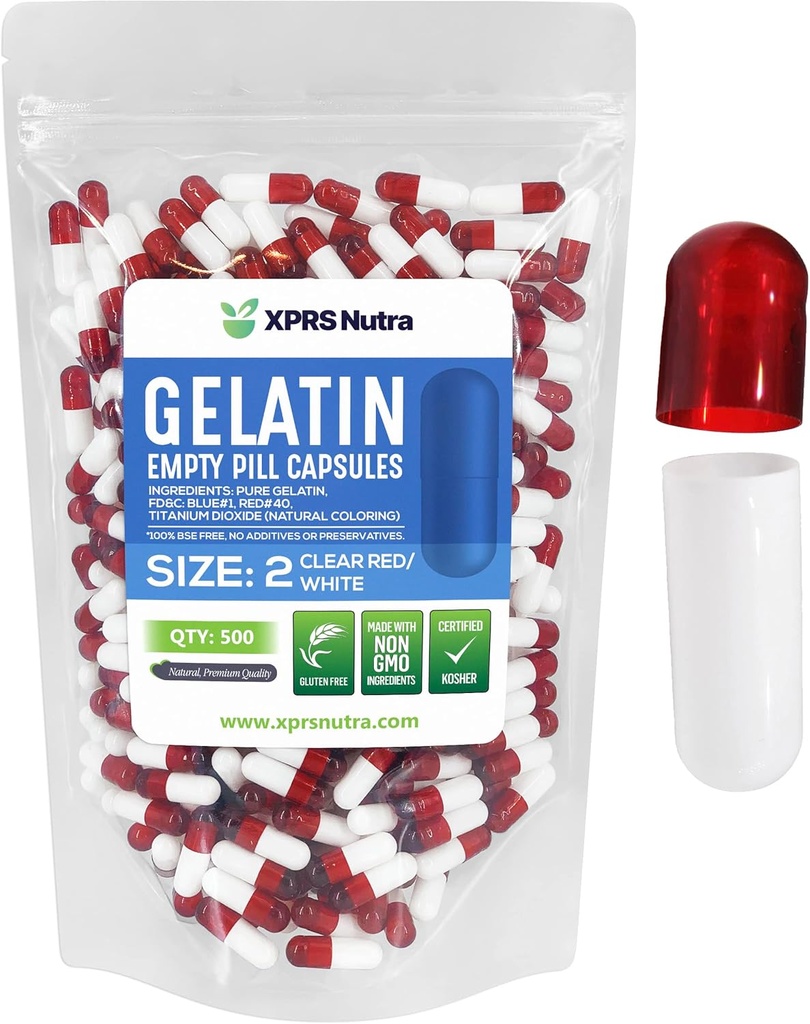 XPRS Nutra Size 2 Empty Capsules - 500 Count Empty Gelatin Capsules - Pills DIY Capsule Filling - Pure Bovine Pill Gel Caps for Do-It-Yourself Supplements (Clear Red/White)
