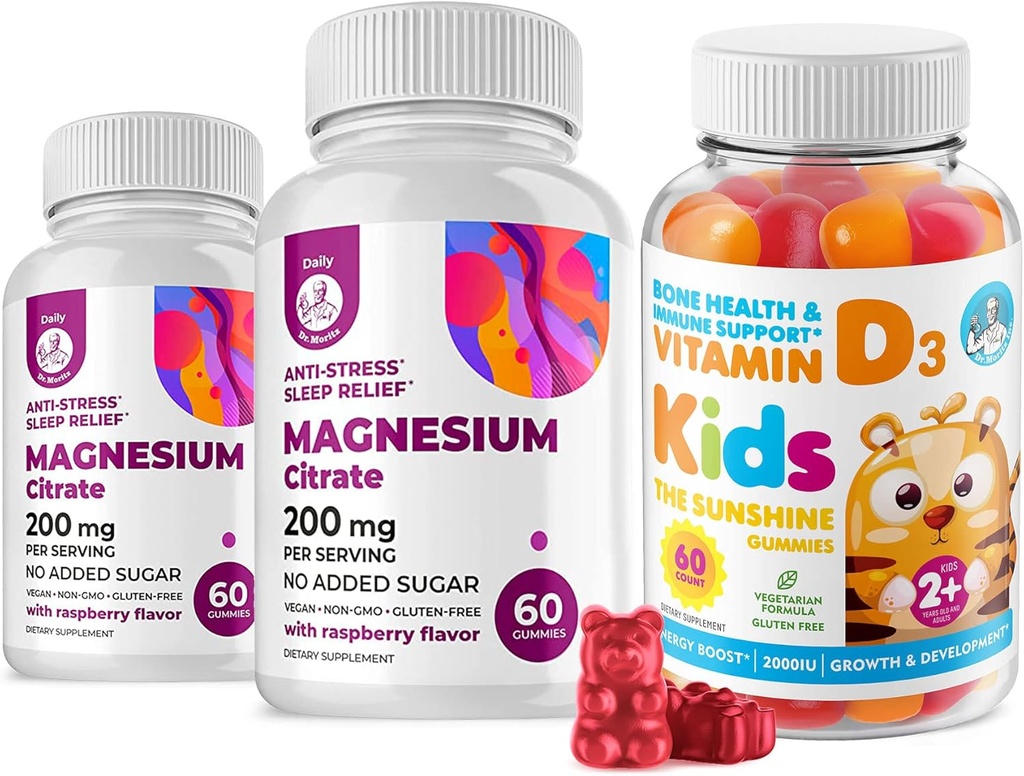 Vitamine D Gummies for Kids&Adults 2000 IU and Magnesium Gummies - gezonde vitamine D3 Supplementen 1000IU - Vegetarisch Gelatine-vrije Immune Ondersteuning met suikervrije Magnesium Kalm kauwen voor kinderen&Adults
