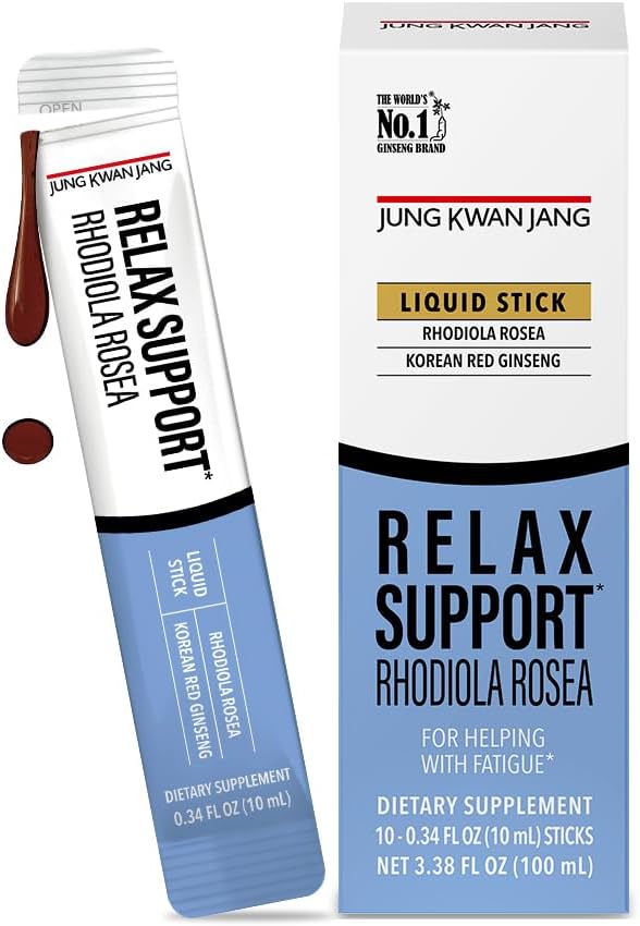JUNG KWAN JANG Relax Support Rhodiola Rosea (800mg), Korean Red Ginseng Everytime Extract Sticks, Relaxation Supplement voor rust en duidelijkheid, 10 Tellen