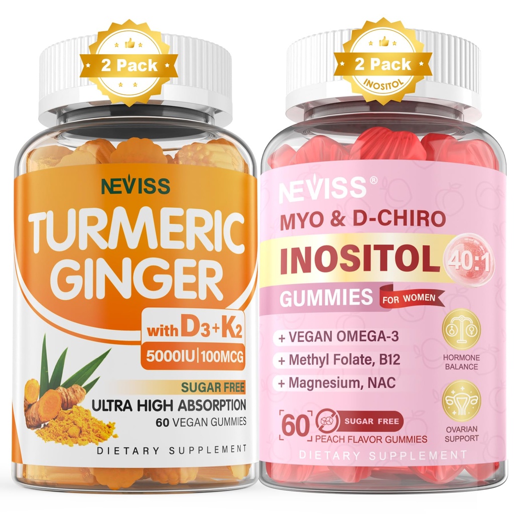 Sugar Free 2Pack Turmeric Ginger Gummies & 2Pack Myo-Inositol & D-Chiro Inositol Gummies
