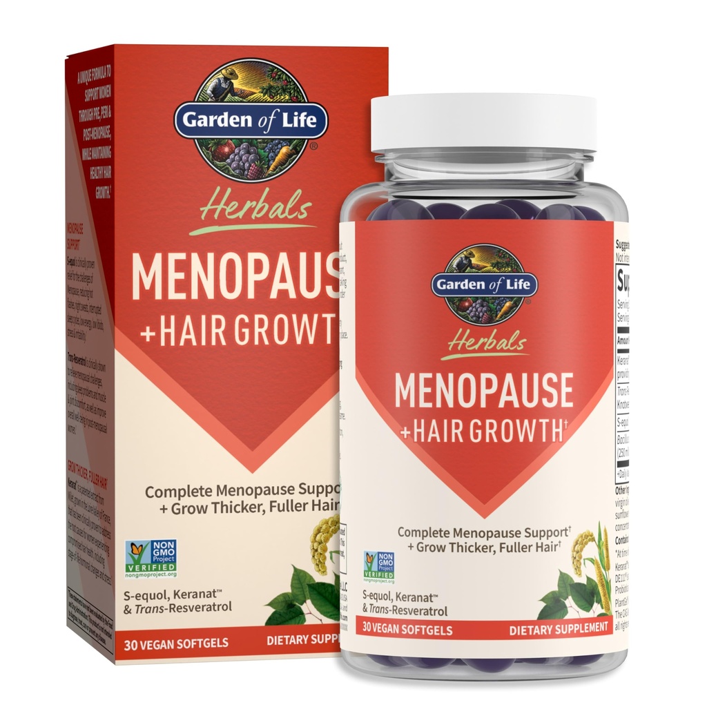 Garden of Life Herbals Ménopause Supplément avec S-equol & Trans-Resvératrol pour le soulagement multisymptômes, kéranat pour l'épaisseur, croissance des cheveux plus complète – Non-OGM, sans gluten, végétalien, goût de baie, 30 portions