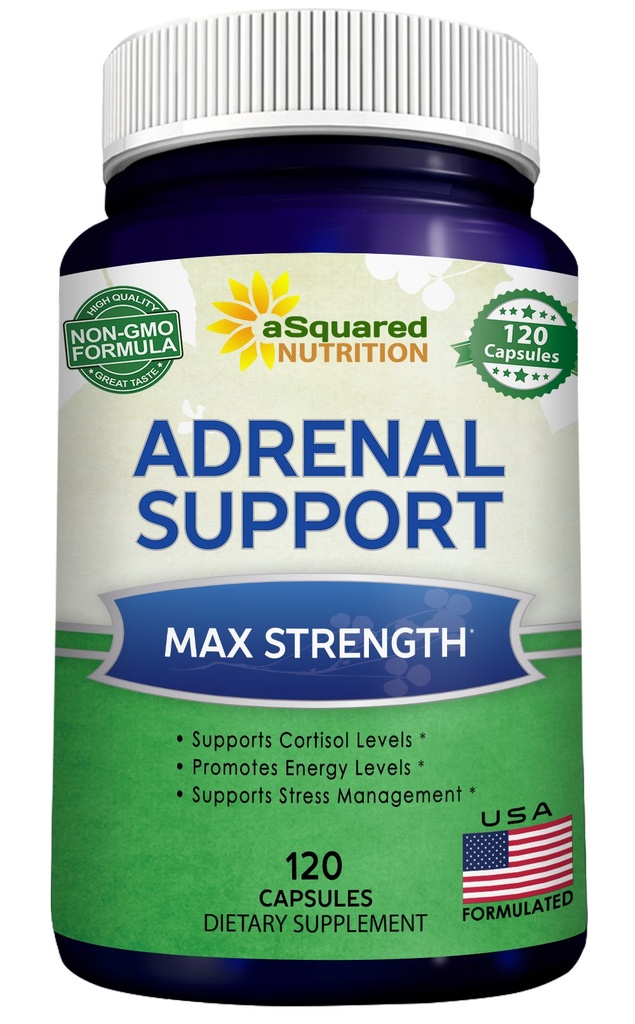 aSquared Nutrition Adrénal Support & Cortisol Manager Supplement (120 Capsules)-Adrénal Health w/Vitamine C pilules complexes pour soutenir la fatigue et le stress-Ashwagandha, L-Tyrosine, Rhodiola & Ginseng