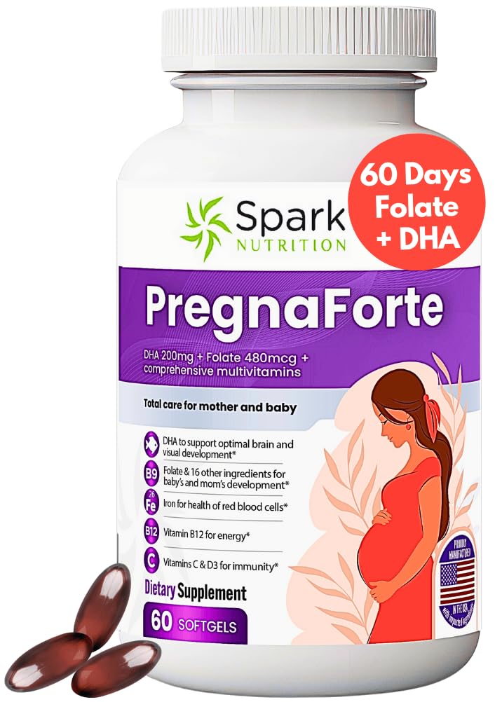 Pregnaforte 1 per dag Prenatale vitamines voor vrouwen 2 maanden: Foliumzuur, Fish Oil Omega 3 DHA/EPA, Vitamine D3, B6, Vitmain B12, C, E, Calcium, IJzer, Magnesium, Zink supplement FSA HSA eligble multivitamine