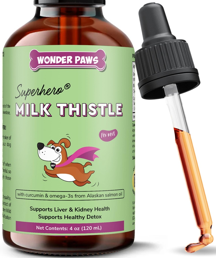 Wonder Paws Melkdistel, Lever Ondersteuning voor Honden, Ondersteunt Nierfunctie voor Huisdieren, Detox, Lever Ondersteuning, met Wild Alaska Zalm Olie & Curcumin, Omega 3 EPA & DHA (4 Oz)