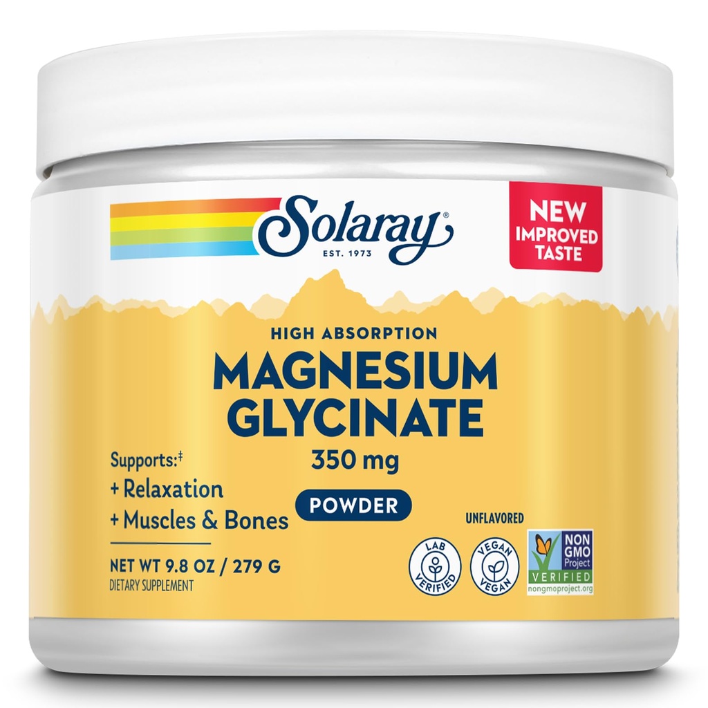 SOLARAY Magnesium Glycinate Powder 350 mg - Unflavored Magnesium Powder - Magnesium Supplement for Bone, Muscle, and Relaxation Support - Vegan, Non-GMO, 60-Day Garantie - 50 Servings, 6 OZ