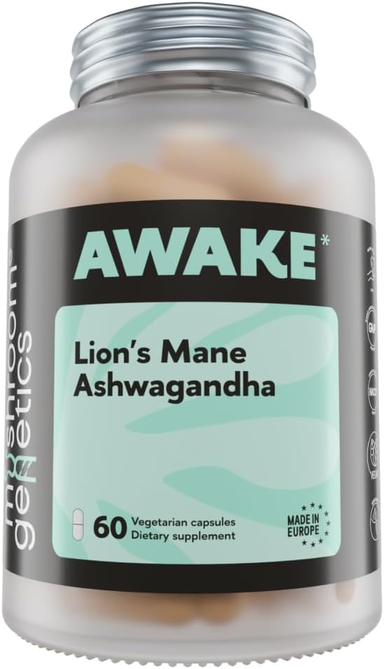 Génétique des champignons Lions Mane & Ashwagandha Complément Capsules - Nootropic Mushroom pour le cerveau, la mémoire et le soulagement du stress